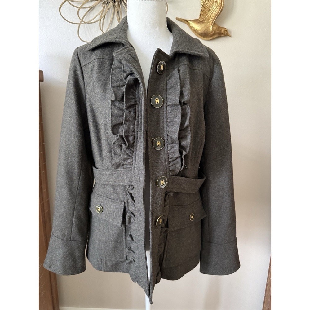 Anthropologie Tabitha Olive Wool Blend Ruffle Jacket Coat Size 10 Wool Blend